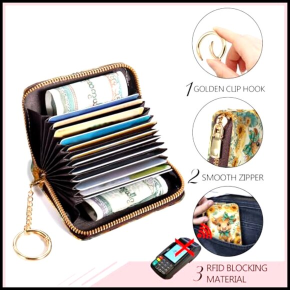 RFID Blocking Zipper Wallet with 12 Card Slots, PU Leather Accordion Card Holder - Picture 6 of 6